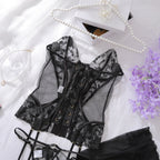 Emily | Black Floral Lace Corset Set with Stockings