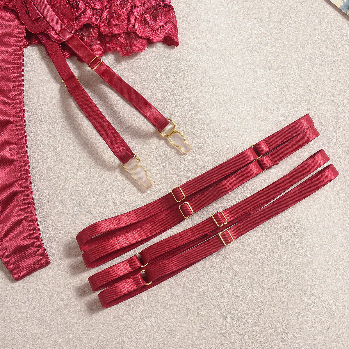 Isabella | Burgundy Satin & Lace Garter Set