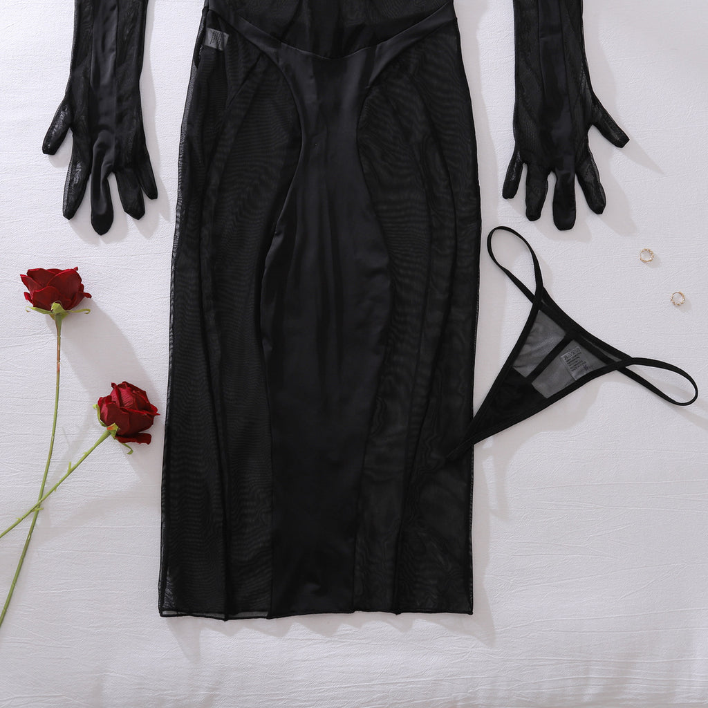 Rika | Sheer Black Mesh Dress & Gloves Set
