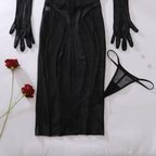 Rika | Sheer Black Mesh Dress & Gloves Set