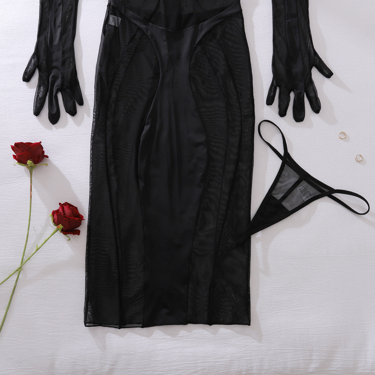 Rika | Sheer Black Mesh Dress & Gloves Set
