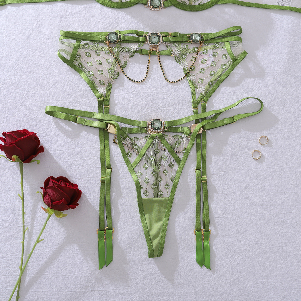 Vanessa | Emerald Embroidered Lingerie Set