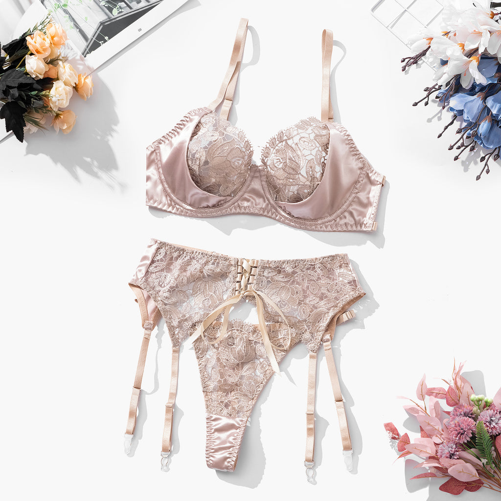 Darcy | Champagne Lace Garter Lingerie Set