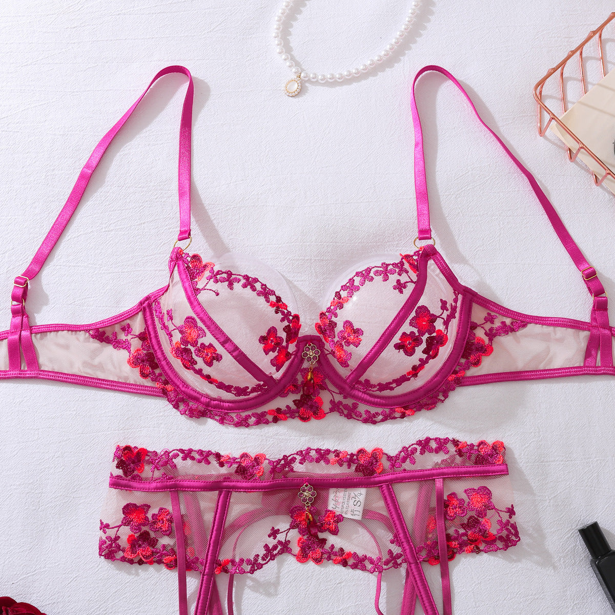 Lila | Fuchsia Floral Embroidered Garter Set