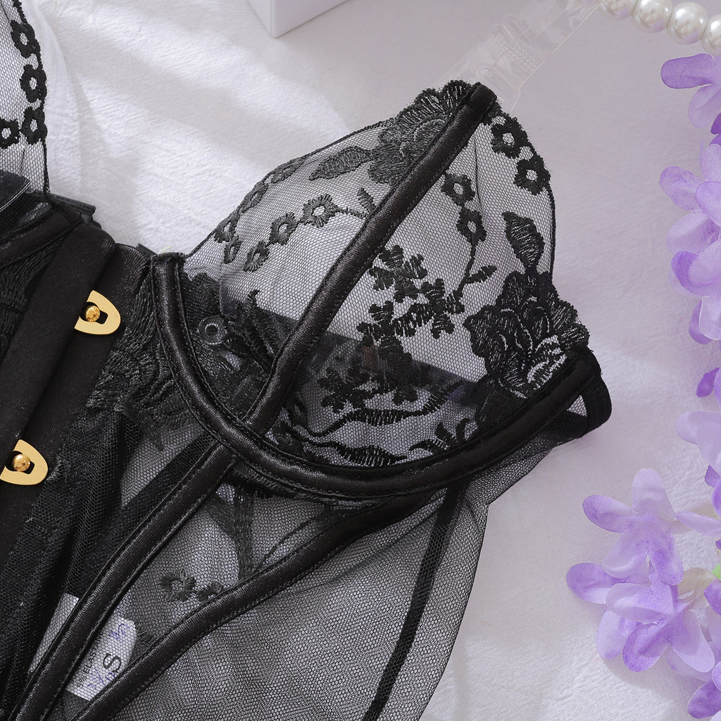 Emily | Black Floral Lace Corset Set with Stockings