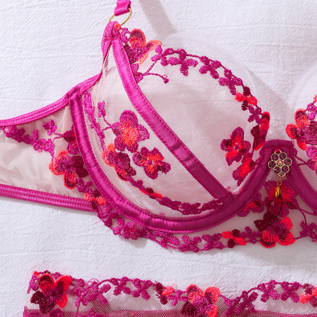 Lila | Fuchsia Floral Embroidered Garter Set