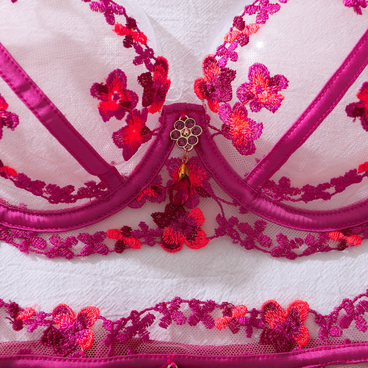 Lila | Fuchsia Floral Embroidered Garter Set