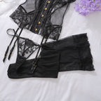 Emily | Black Floral Lace Corset Set with Stockings
