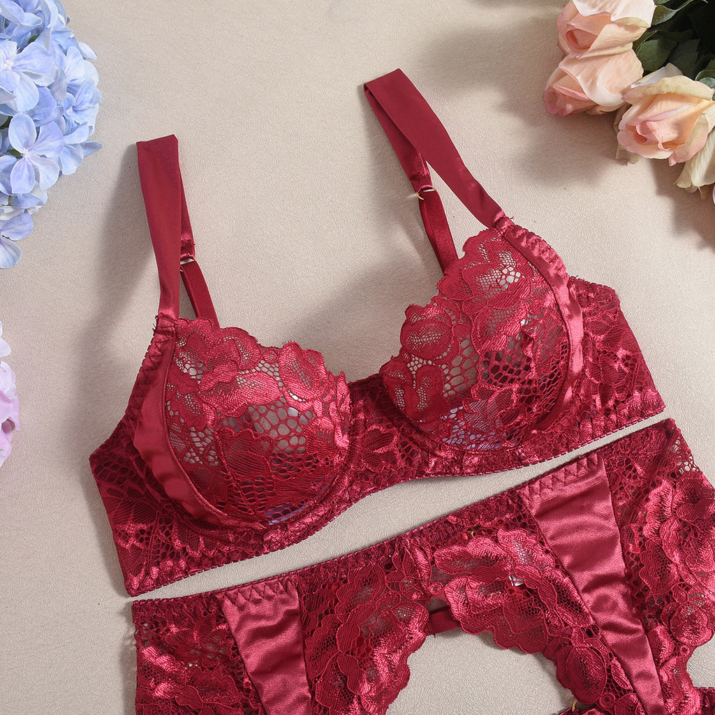 Isabella | Burgundy Satin & Lace Garter Set