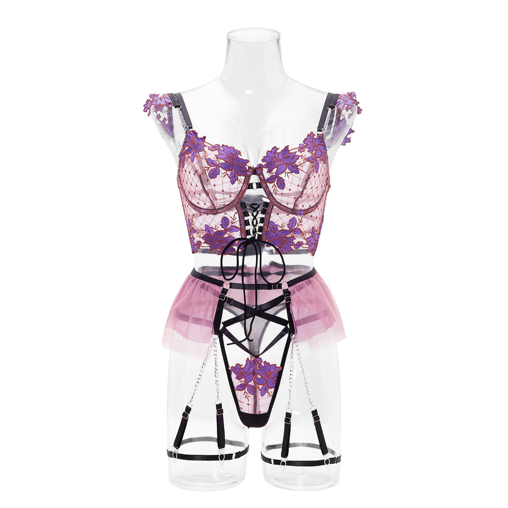 Violet | Purple Floral Embroidered Lingerie Set