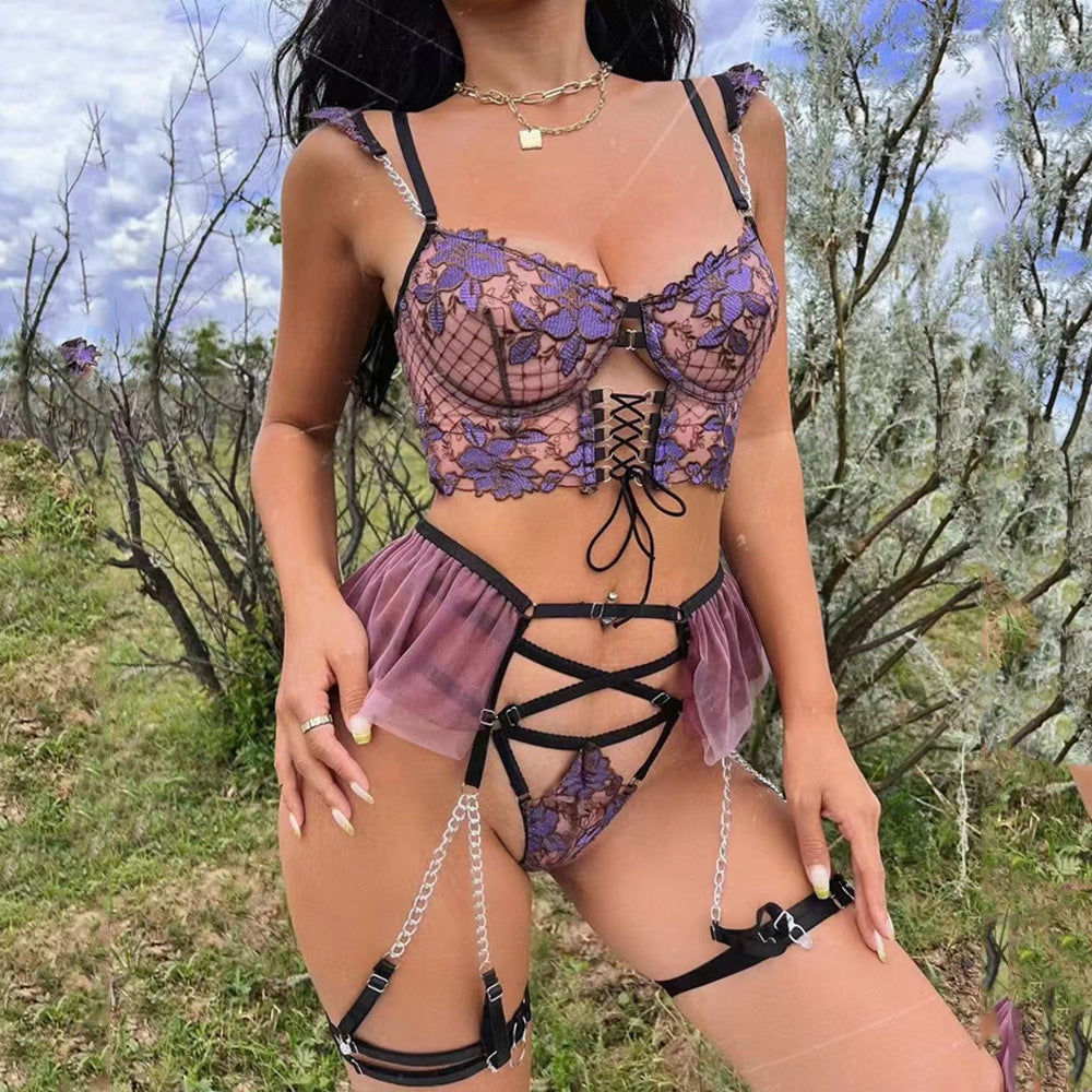 Violet | Purple Floral Embroidered Lingerie Set